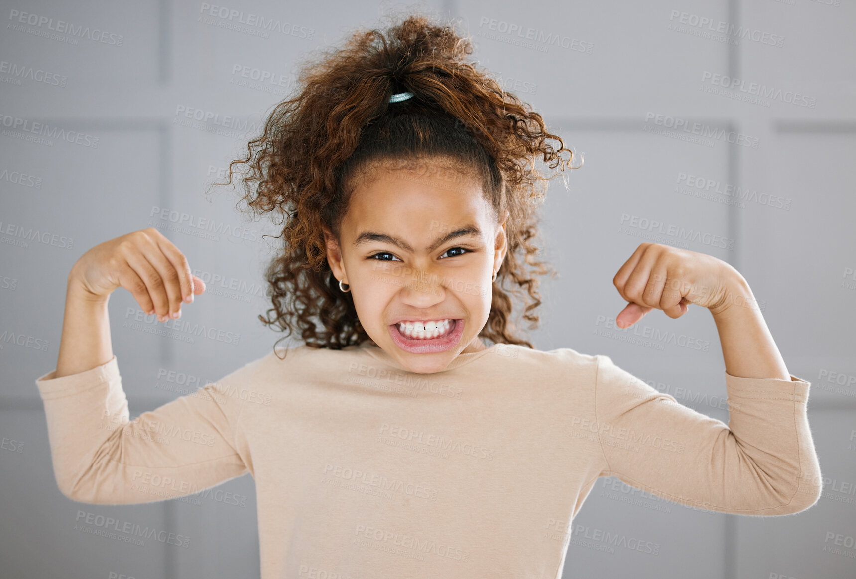 Buy stock photo Portrait, girl and strong pose with flexing and muscles in home for growth, development in childhood. Young, female person and confident for health, imagination and milestone for pride or play