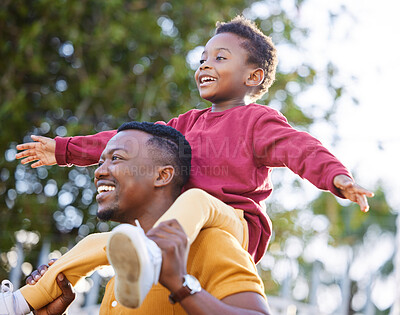 Buy stock photo Father, smile and black man piggyback son, fun and joy happy bonding together in outdoor park. Family, child love and playing African people, kid and papa carrying boy with game in backyard garden