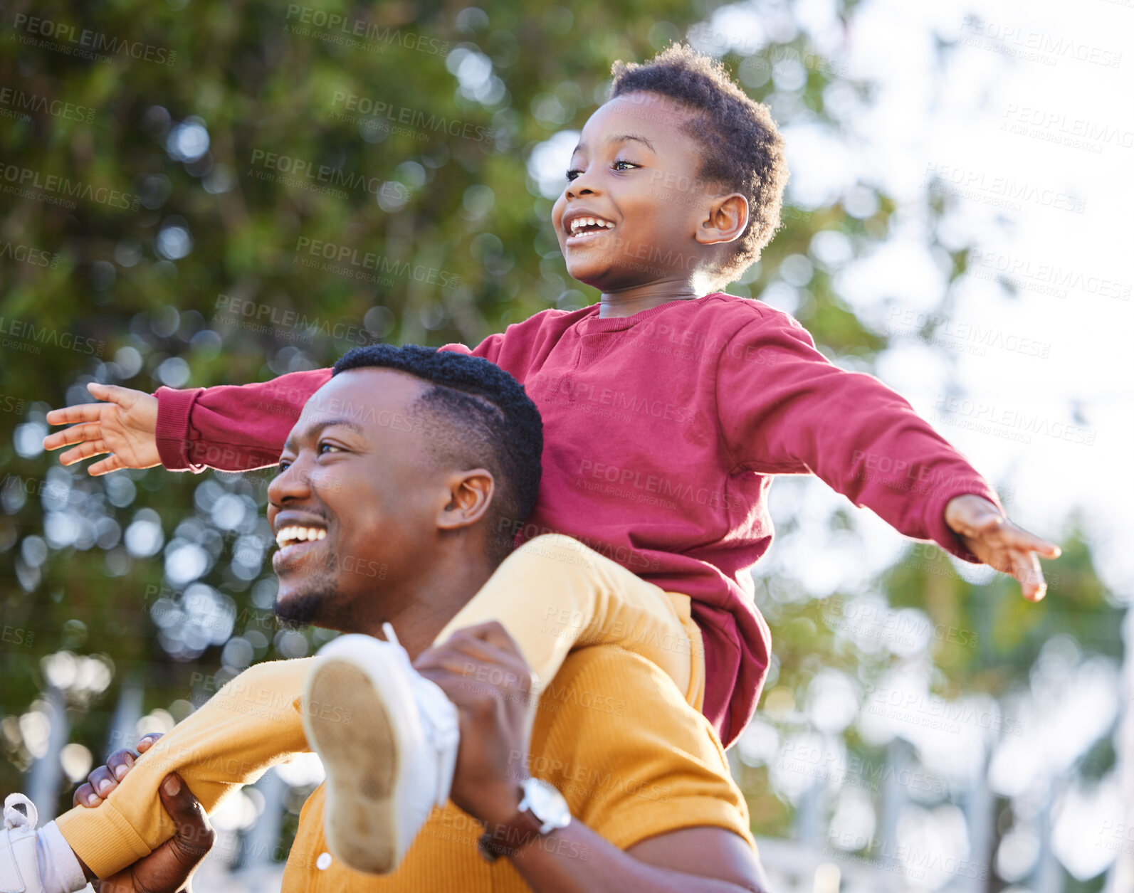 Buy stock photo Father, smile and black man piggyback son, fun and joy happy bonding together in outdoor park. Family, child love and playing African people, kid and papa carrying boy with game in backyard garden