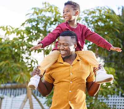 Buy stock photo Father, smile and black man piggyback kid, fun and joy happy bonding together in outdoor park. Family, child love and playing African people, son and papa carrying boy with game in backyard garden