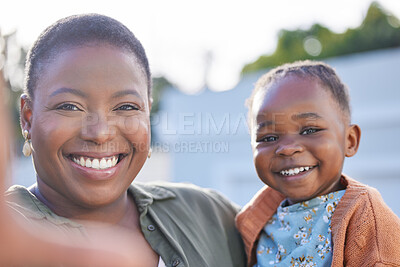 Buy stock photo Family, selfie and mother with girl in park, happy and relax with childhood, bonding and having fun in nature or garden. Love, portrait and face of child and parent smile for picture in backyard