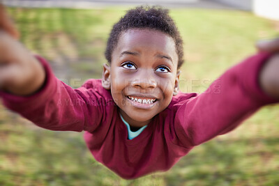 Buy stock photo Black child, play and spin with motion outdoor in circle movement, game and bonding of support in backyard. African, boy and swinging with freedom, energy and trust for adventure speed at house