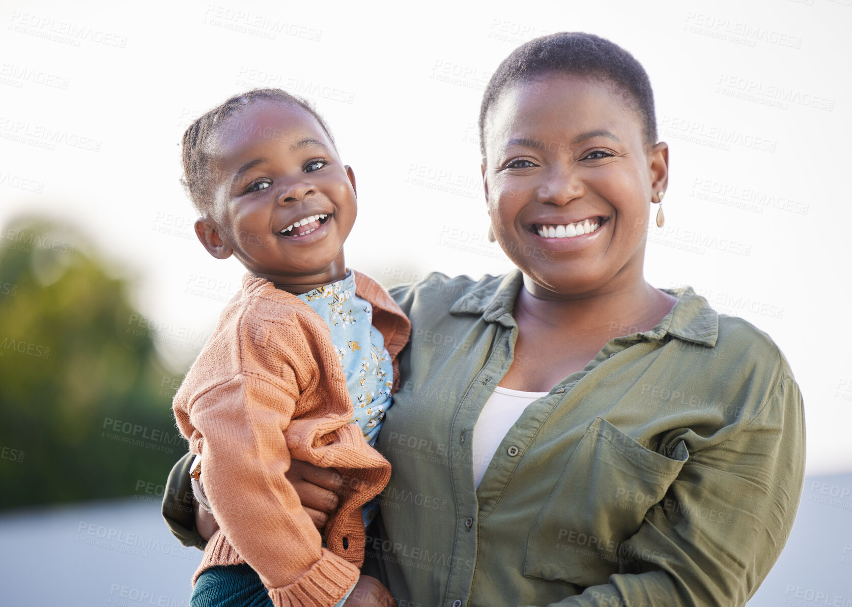 Buy stock photo Portrait, family and mother with girl in park, happy and relax with childhood, bonding and having fun in nature or garden. Love, black woman and daughter with parent smile for hug in backyard