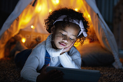 Buy stock photo Girl, tablet and child relax on floor at home for learning, streaming or reading ebook story on app. Tent, kid and technology in bedroom for education, game addiction or watch cartoon online at night