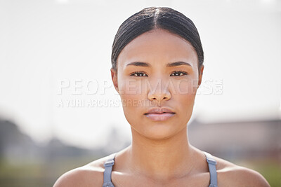 Buy stock photo Outdoor, runner and portrait of woman with fitness for cardio workout, marathon training or competition. Sports, athlete and hispanic person for physical activity, endurance challenge or race