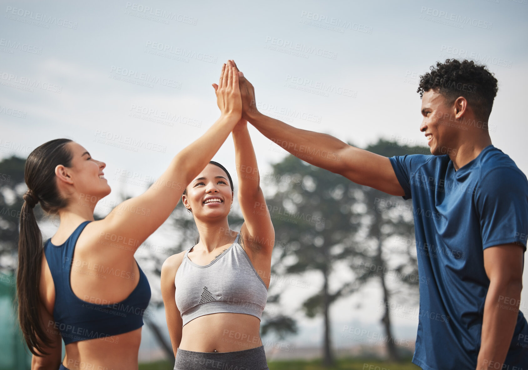 Buy stock photo Fitness, happy and people high five in nature for goals for marathon training, exercise and workout. Friends, teamwork and men and women with hand gesture for wellness, competition and race outdoors