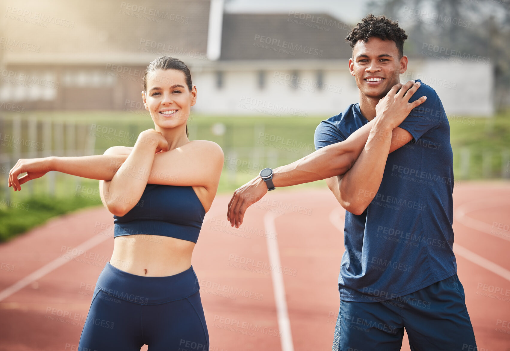 Buy stock photo Running, stretching and portrait of people in stadium for workout, exercise and marathon training. Sports, runner and happy man and woman on track for fitness, cardio and practice for race together