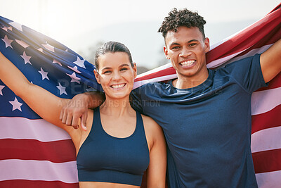 Buy stock photo Winner, portrait and people with American flag on track for  celebration, achievement or victory at sports event. Fitness, team and athlete man with woman for competition, champion or success in race