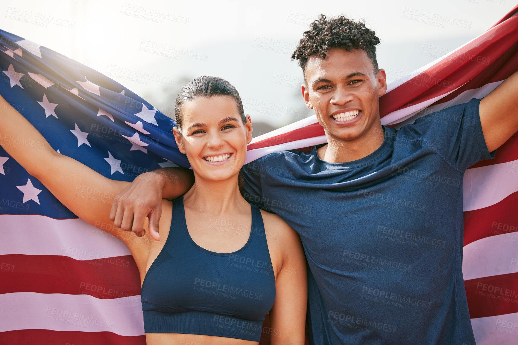 Buy stock photo Winner, portrait and people with American flag on track for  celebration, achievement or victory at sports event. Fitness, team and athlete man with woman for competition, champion or success in race