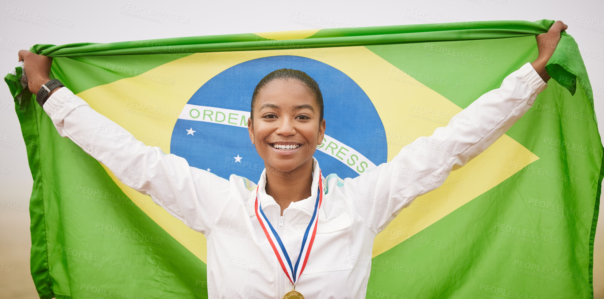 Buy stock photo Runner, flag and portrait of woman in Brazil for winning race, challenge and marathon outdoors. Sports, fitness and happy person celebrate for international competition, success or running with medal