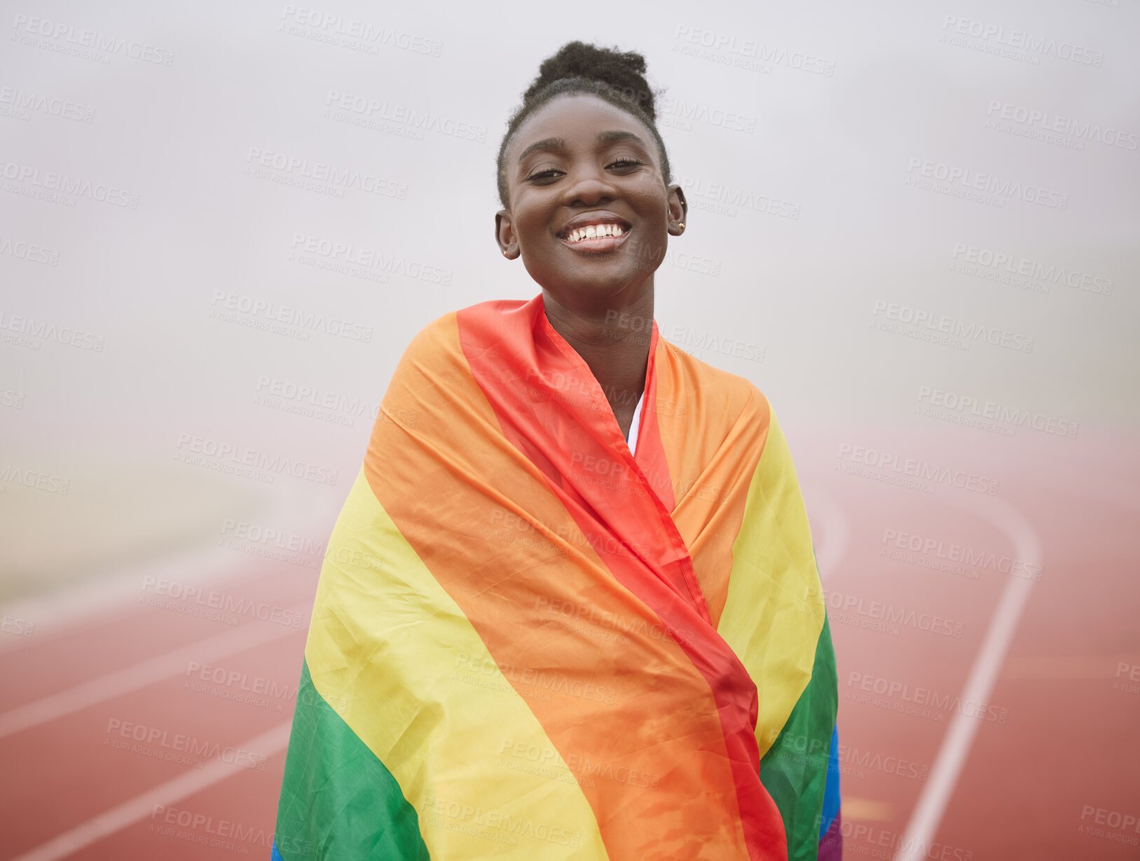 Buy stock photo Runner, lgbtq flag and portrait of black woman in stadium for winning race, challenge and marathon outdoors. Sports, fitness and happy person celebrate for victory, training and running on track