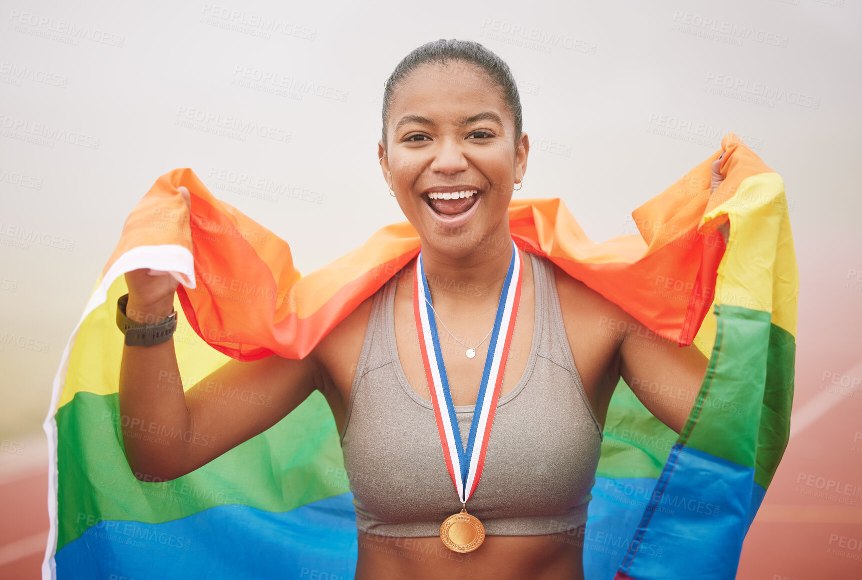 Buy stock photo Sports, lgbtq flag and portrait of black woman in stadium for winning race, challenge and marathon outdoors. Runner, fitness and happy person celebrate for victory, medal and running on track