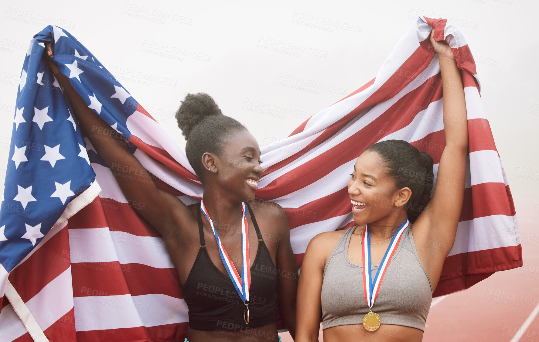 Buy stock photo Runner, flag and women in USA team for winning race, challenge and training for marathon outdoors. Sports, fitness and friends happy, excited celebrate for competition, success and running with medal