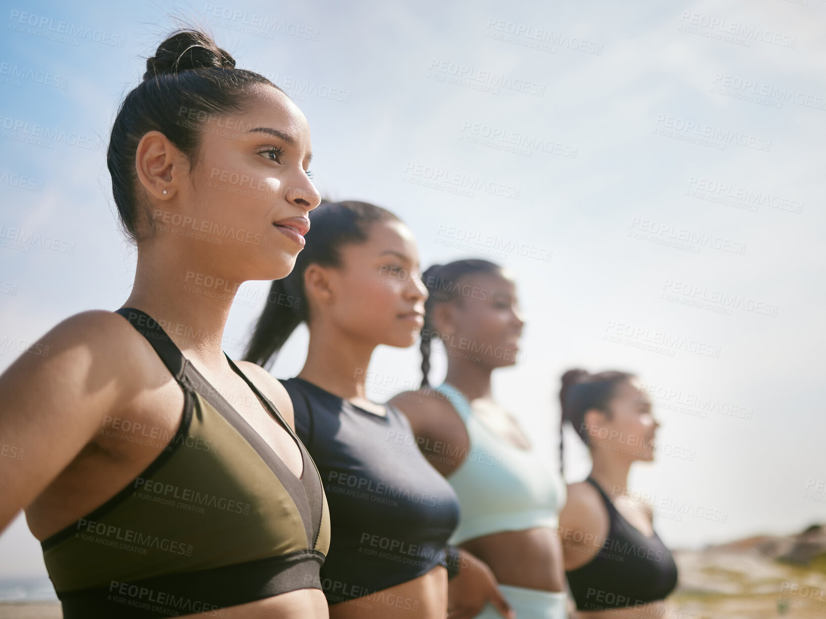 Buy stock photo Fitness, group and woman with pride in nature for exercise, confidence and workout together. Serious, diversity and friends with low angle by blue sky for sports training, support or morning wellness