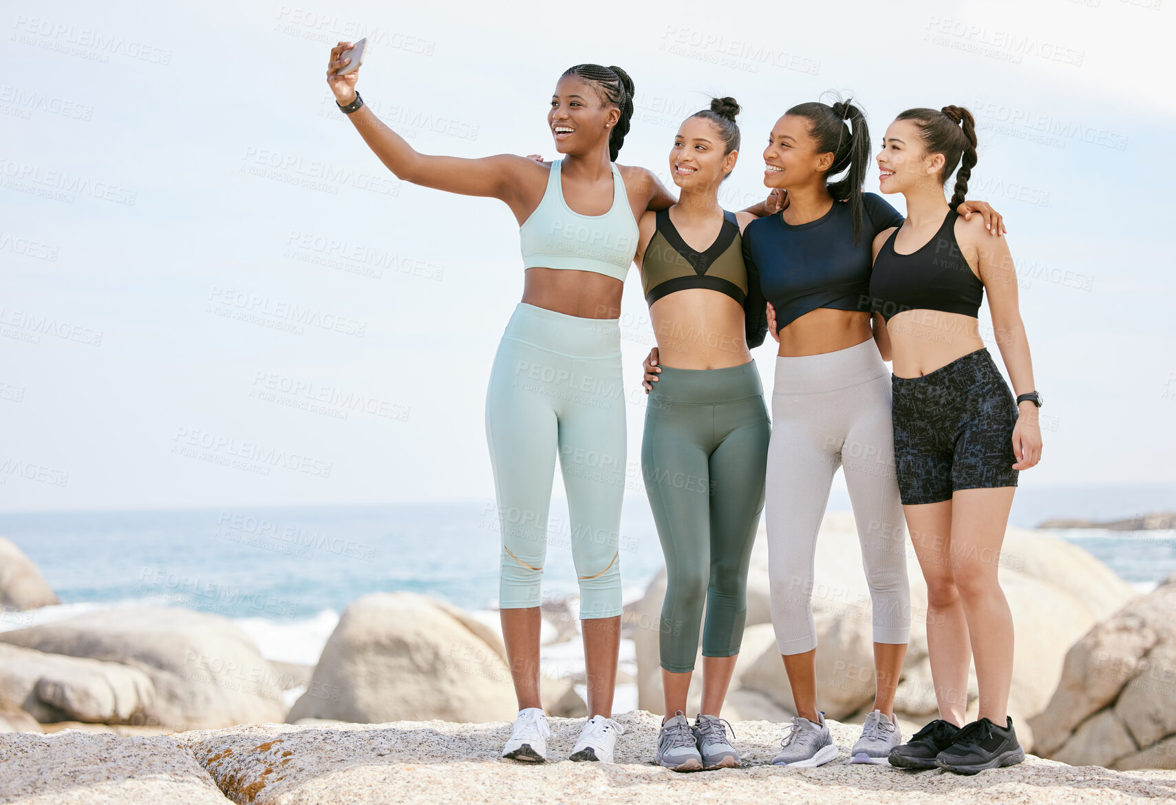 Buy stock photo Women, friends and fitness selfie on beach with smile for training memory, profile picture post and exercise break. Collaboration, girls and happy with photography in nature for workout blog update