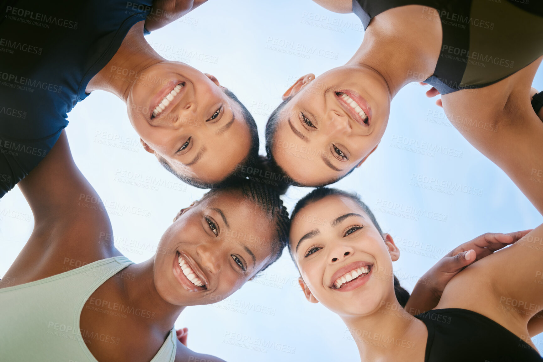 Buy stock photo Women, portrait and circle with low angle outdoor for fitness support, teamwork and happy to exercise. Friends, face and heads together with smile for training, practice and workout collaboration