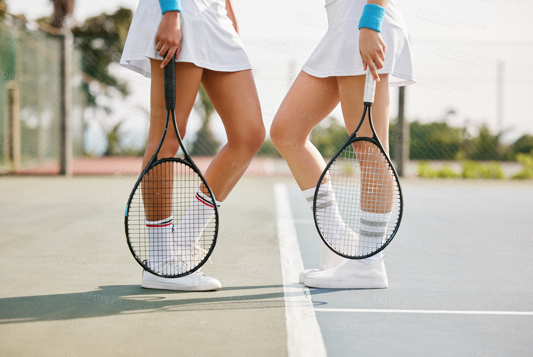 Buy stock photo Sports, legs and women with tennis racket on court for workout, practice or match together. Fitness, team and body of female athlete players walk with equipment for game, training or exercise outdoor