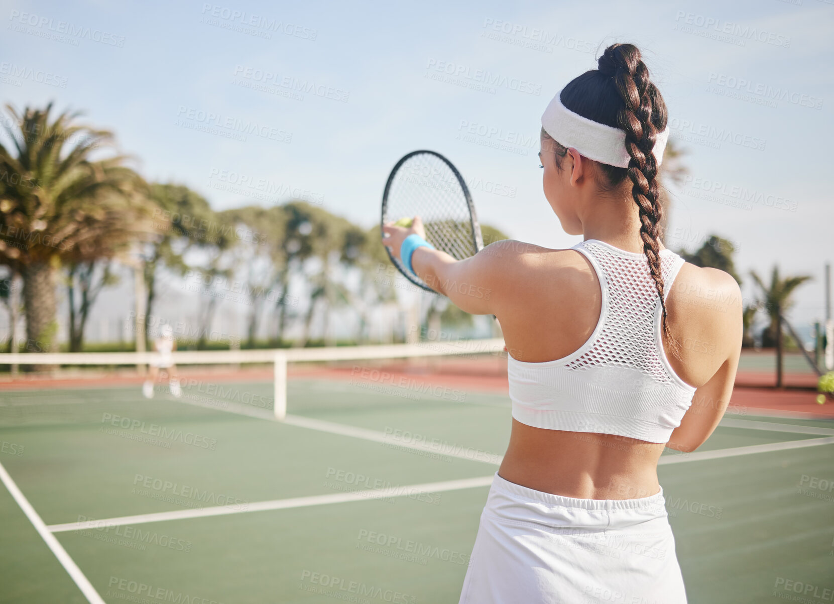 Buy stock photo Racket, ball and woman on tennis court for outdoor warm up, workout or practice match. Fitness, exercise and professional athlete girl in game with bat, competition and sports challenge from back