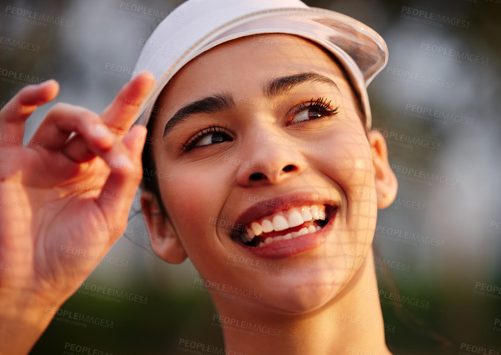 Buy stock photo Visor, fitness and woman tennis player on court with smile for practice, workout or match. Sports, happy and face of female athlete with hat for shade with training, hobby or game exercise outdoor.