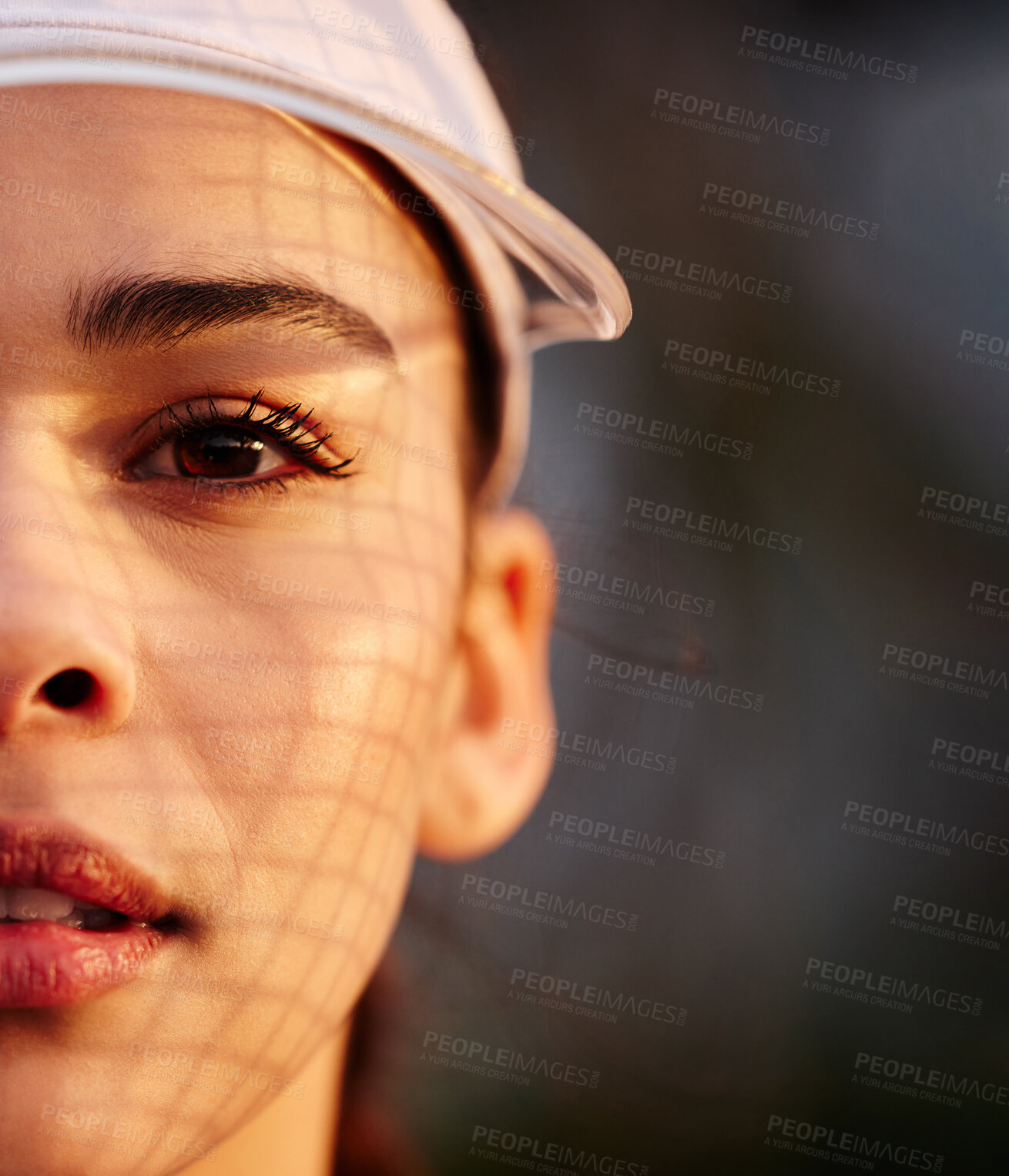 Buy stock photo Visor, fitness and portrait of woman tennis player on court for practice, workout or match. Sports, space and half face of serious athlete with hat ready for training, hobby or game exercise outdoor.