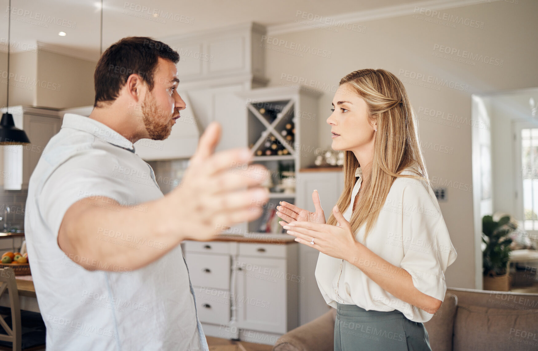 Buy stock photo Argument, fight and couple in home for divorce, conflict and disagreement for marriage crisis. Shouting, argue and frustrated man and woman in discussion for breakup, toxic relationship and affair