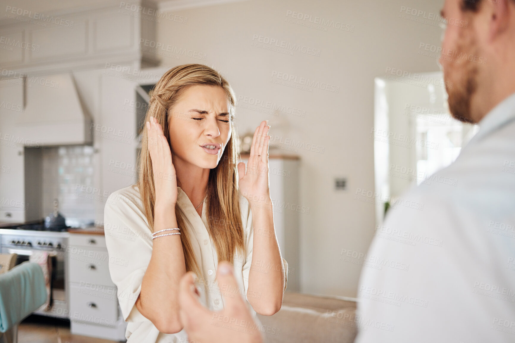 Buy stock photo Frustrated, fight and couple in home for divorce, conflict and disagreement for marriage crisis. Shouting, argue and angry man and woman in discussion for breakup, toxic relationship and fighting