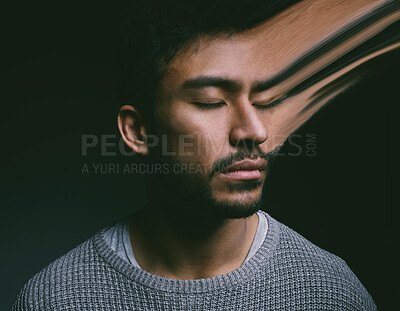 Buy stock photo Stress, anxiety and man in studio with eyes closed for mental health, depression or bipolar with dark background. Illness, sad and male person with ptsd for nightmare, personality or schizophrenia