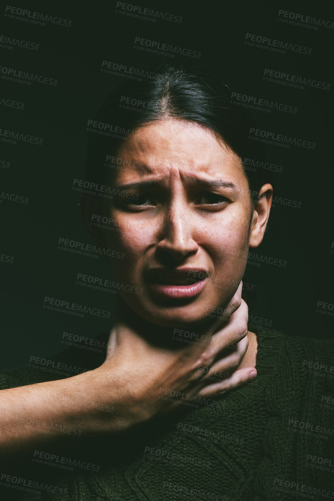 Buy stock photo Woman, abuse and strangle with hand in studio for scared, anxiety or victim on dark background  Toxic relationship, choking and person with portrait for physical assault, domestic violence or pain