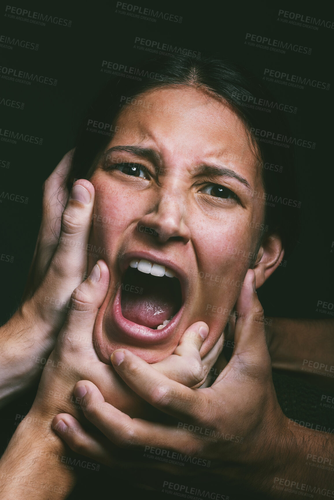 Buy stock photo Violence, portrait and woman with hands on face in fear, terror and overwhelmed with mental health in studio. Horror, trauma and scared person with depression, anxiety and stress on black background