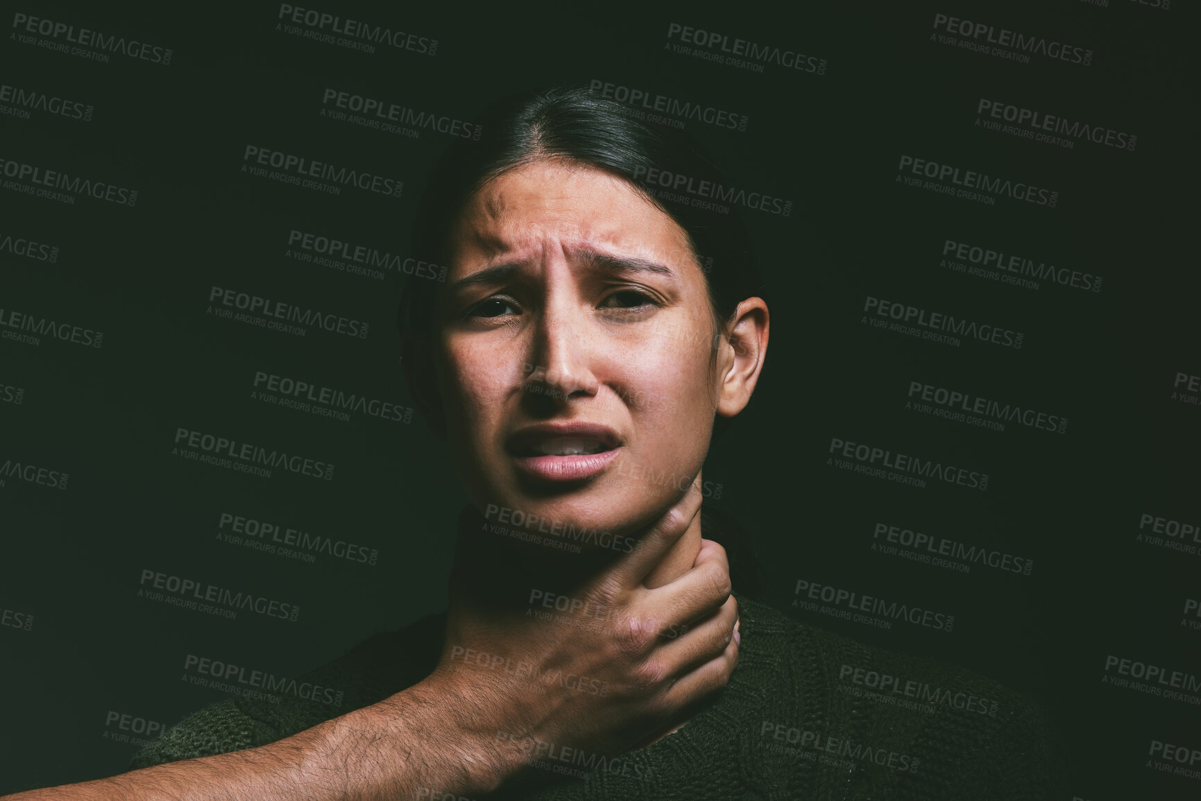 Buy stock photo Woman, abuse and strangle with hand in studio with scared, anxiety or neck on dark background. Toxic relationship, choking and person with portrait for physical assault, domestic violence or pain