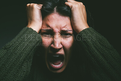 Buy stock photo Frustrated, woman and shouting in portrait in studio with mental health, depression and anxiety. Stress, person and screaming for schizophrenia disorder, psycho and angry panic on black background