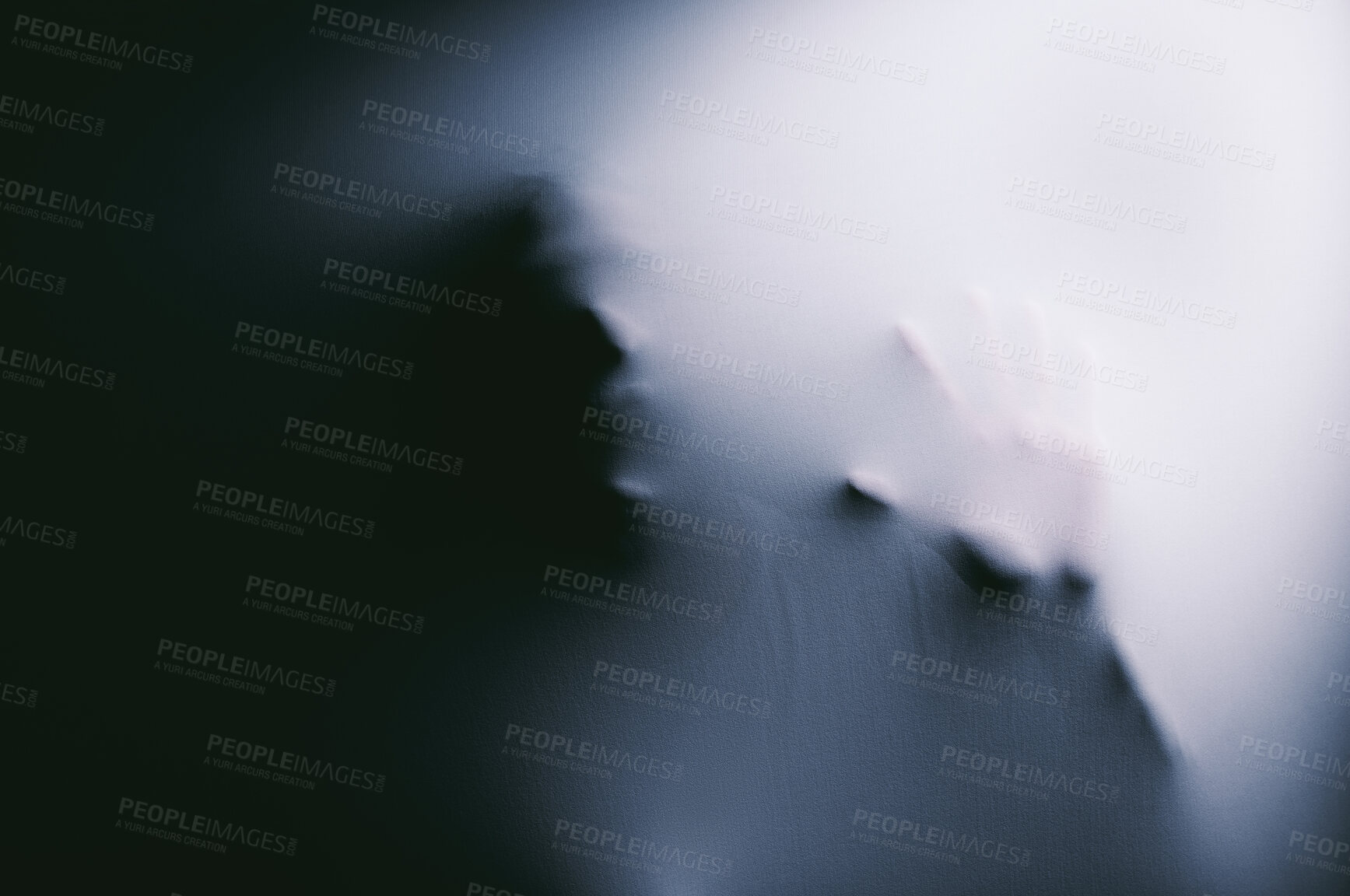 Buy stock photo Trapped, hands and person in studio with mental health, figure and claustrophobic with anxiety in sheet. Fear, asylum and trauma with nightmare, crisis and psychology with panic on black background