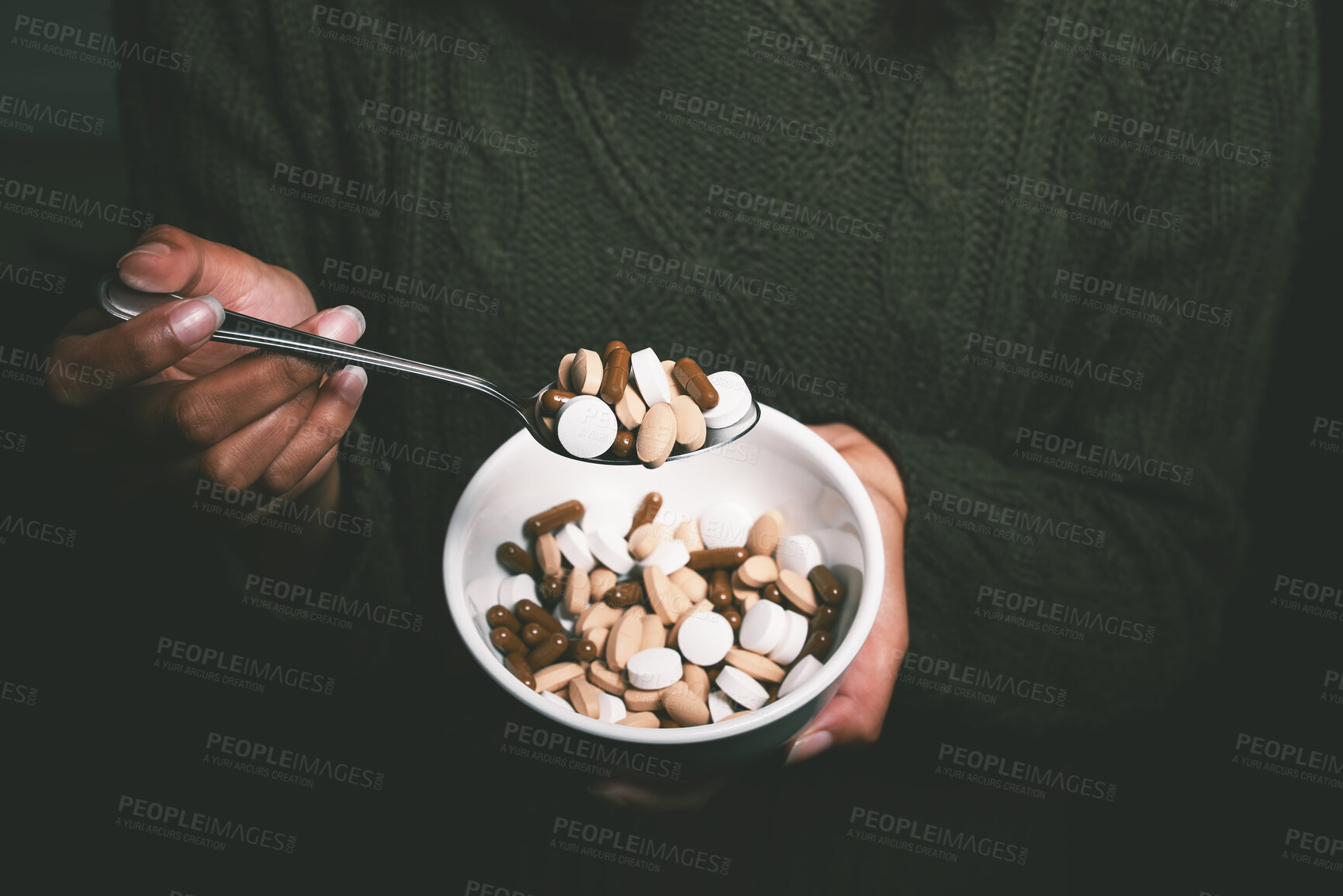 Buy stock photo Hands, woman and addiction with pills for healthcare and medical pressure, pain and bad habit. Closeup, person or bowl with spoon, tablets and toxic with pharmaceuticals, drug abuse and danger