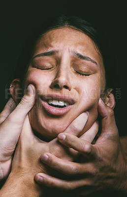 Buy stock photo Domestic violence, terror and woman with hands on face in fear, nightmare and mental health in dark studio. Horror, trauma and scared person with depression, anxiety and stress on black background