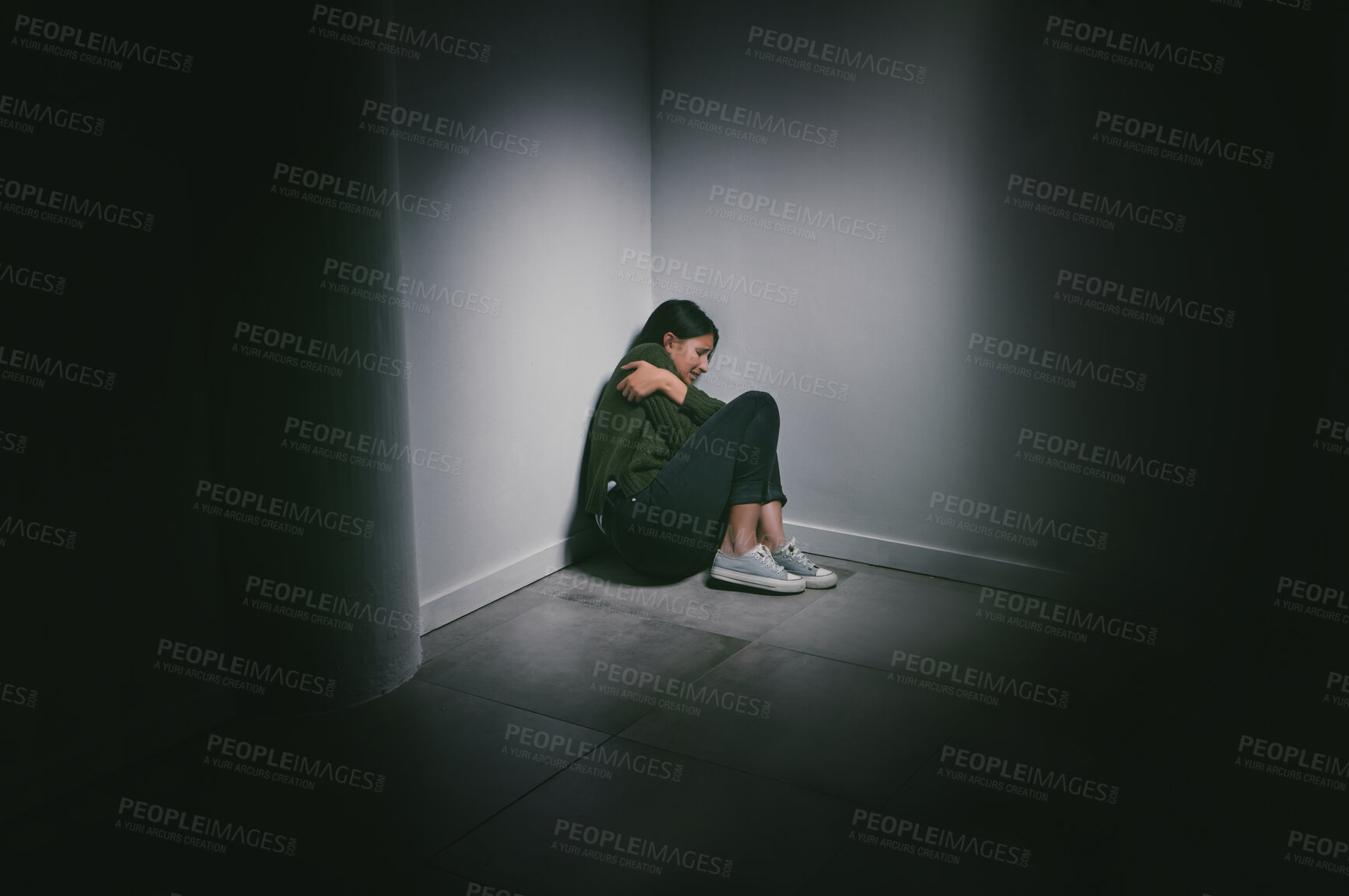 Buy stock photo Abuse, alone and scared of woman in dark room, stress and flinching with fear of physical trauma. Mental health, depression or anxiety of female person with sadness, phobia or schizophrenia for girl