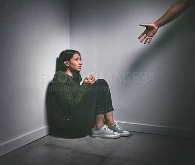 Buy stock photo Depression, help and woman in a dark corner, hand and mental health issue with recovery, stress and horror. Female person, anxiety or girl in a room, fear or suicide with solution, trauma and problem