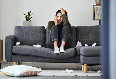 Buy stock photo Home, crying and woman with depression, thinking and mental health on sofa, sad and emotions. Person, apartment or girl with tears, tissue or breakup with anxiety, panic attack or stress with burnout