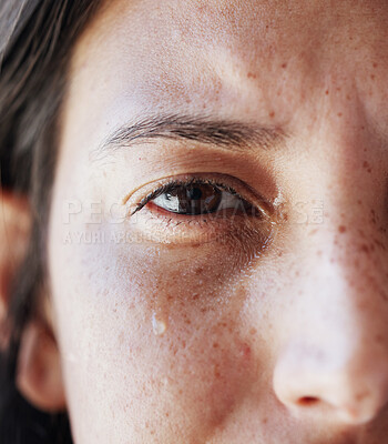 Buy stock photo Closeup, face and woman with tears, crying and mental health with depression, sad and emotion. Half, portrait and person with reaction, anxiety and stress with mistake, crisis and fail with regret