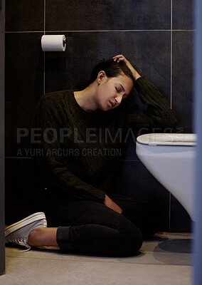 Buy stock photo Bathroom, sick and woman with nausea, floor and symptoms of food poisoning, pain and tired of illness. Home, toilet and person with headache on ground, unhappy and vomit of gastroenteritis or bulimia