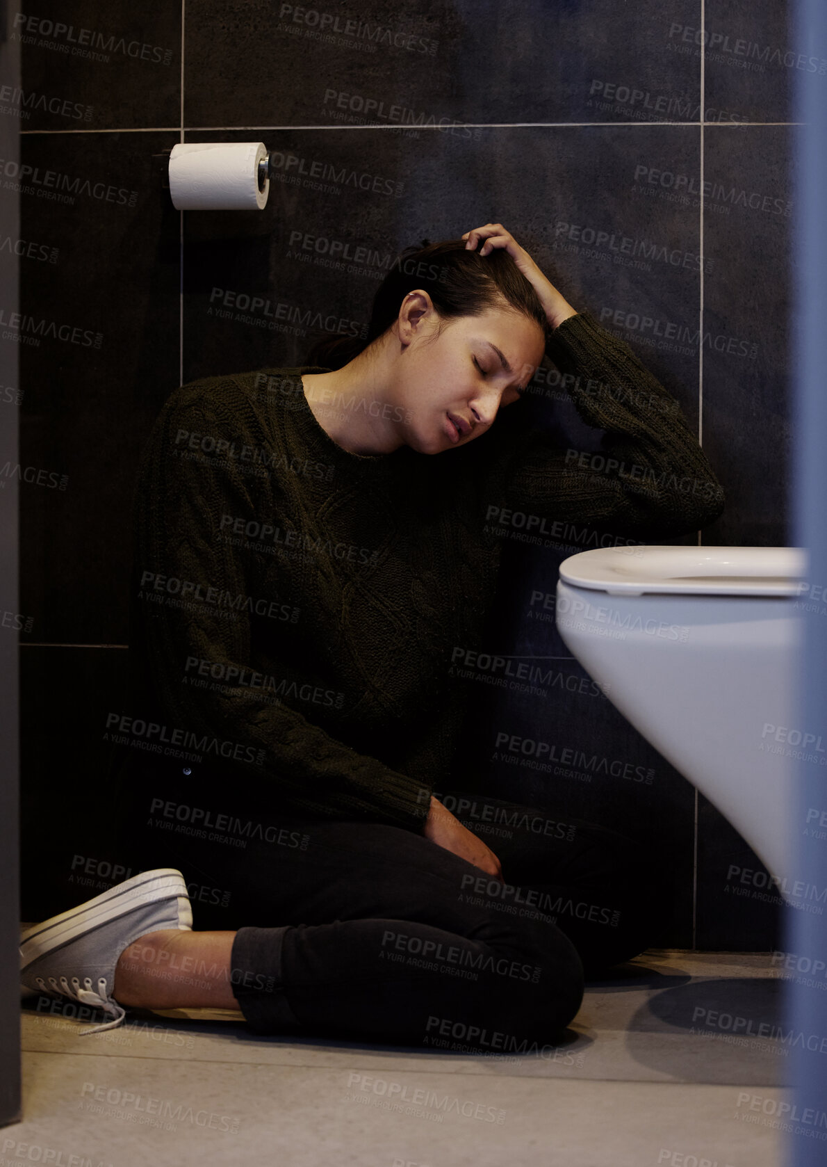 Buy stock photo Bathroom, sick and woman with nausea, floor and symptoms of food poisoning, pain and tired of illness. Home, toilet and person with headache on ground, unhappy and vomit of gastroenteritis or bulimia