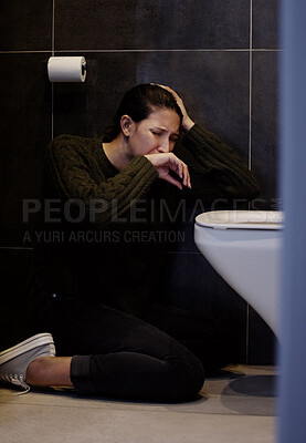 Buy stock photo Bathroom, vomit and woman with nausea, ill and symptoms of food poisoning, pain and crying in house. Sick, toilet and headache of person on ground, sore and unhappy with  stomachache and disappointed