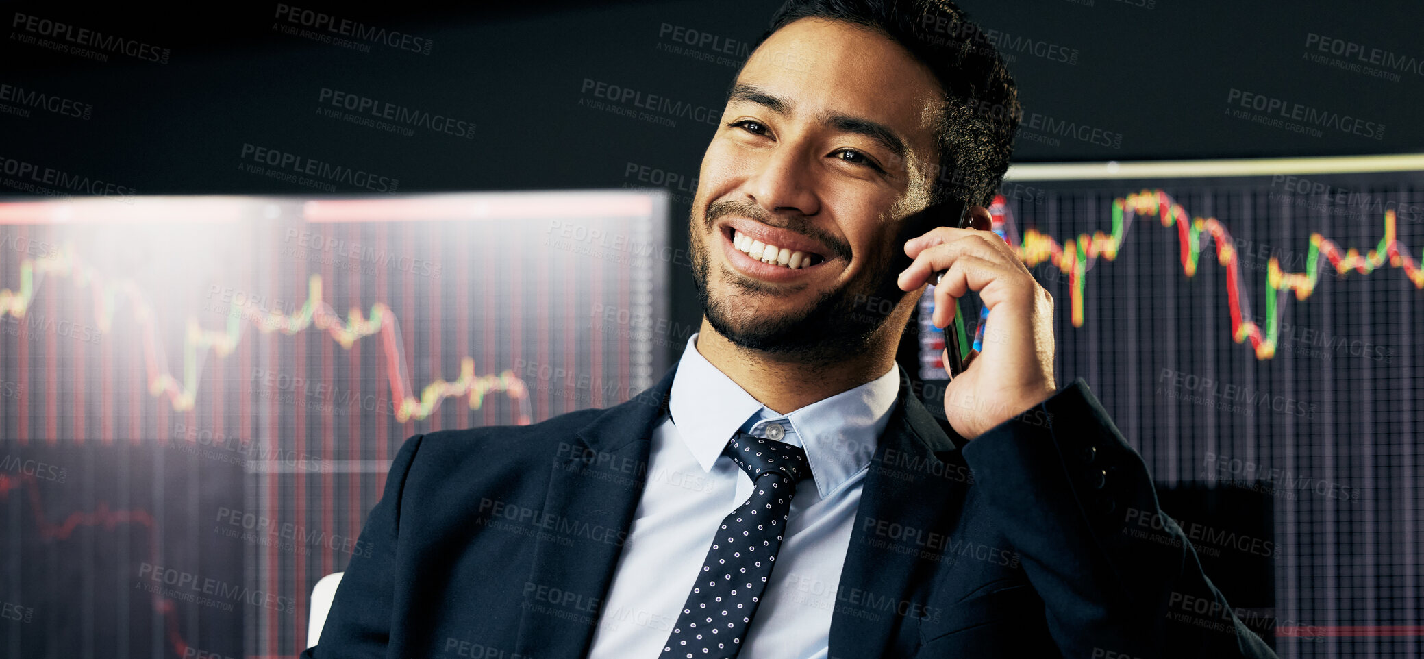 Buy stock photo Businessman, stock market and phone call in office for trading, investment banker or broker with smile. Male person, workplace or happy with mobile for deal with blockchain, advisor with crypto