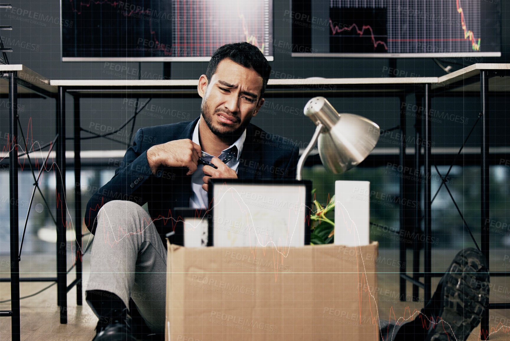 Buy stock photo Businessman, stress and unemployment in office with worry, anxiety or sad for job loss. Stock broker, employee and mental health in market crash, recession or financial crisis and retrenched on floor