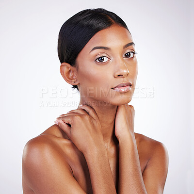 Buy stock photo Portrait, skincare and face of woman in studio for wellness or dermatology with glow or shine. Organic, natural and smooth healthy skin with treatment for hydration isolated on white background.