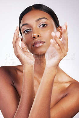 Buy stock photo Woman, skincare and portrait with face in studio for wellness or dermatology with glow or shine. Cosmetic, natural and smooth healthy skin with treatment for hydration isolated on white background.