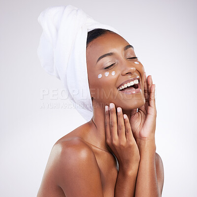 Buy stock photo Woman, cream and happy for skincare with routine in studio on white background and satisfied with results. Natural, beauty and moisturizer with smile for transformation, facial and skin treatment