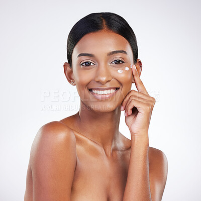 Buy stock photo Woman, cream or portrait for skincare by studio with application, cosmetics or pride by space. Female model, collagen or beauty treatment with lotion, moisturizer or face benefits by white background