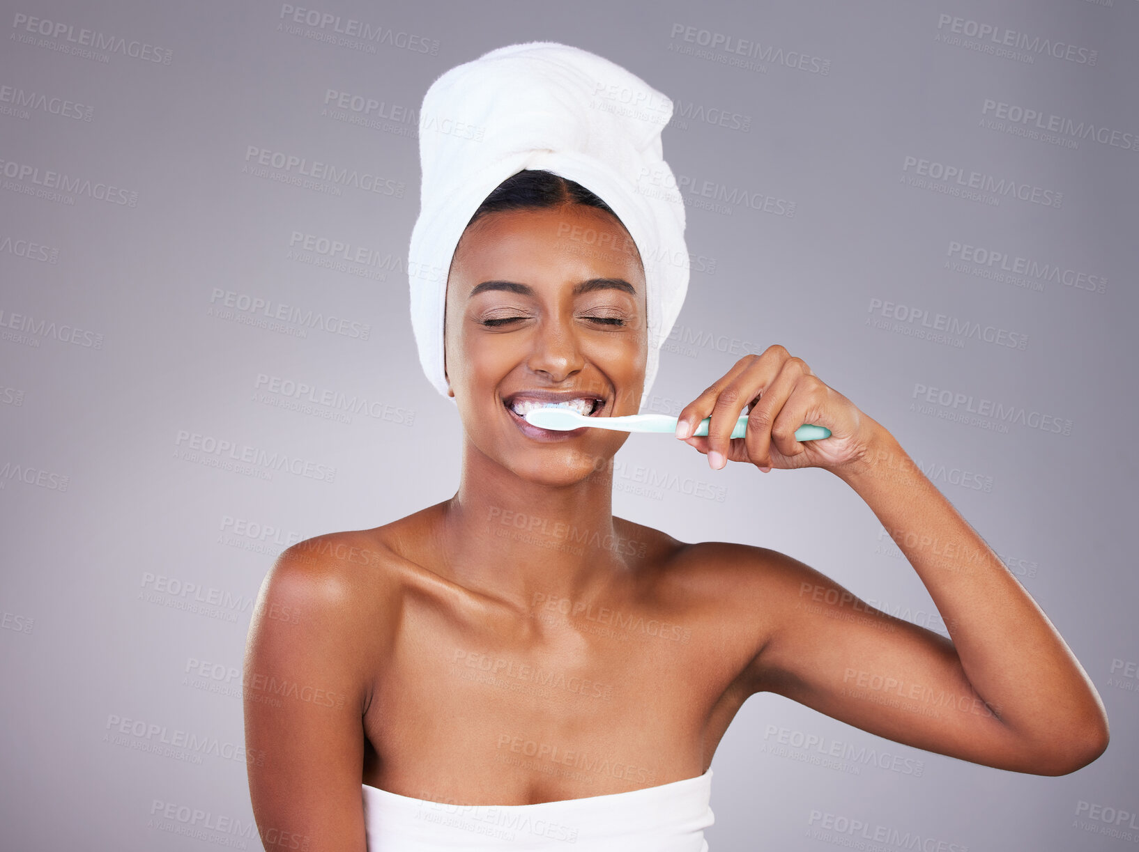 Buy stock photo Brushing teeth, woman and toothbrush in studio for dental hygiene, wellness and oral care with toothpaste. Female person, fluoride and mouth by white background for cavities and germ protection