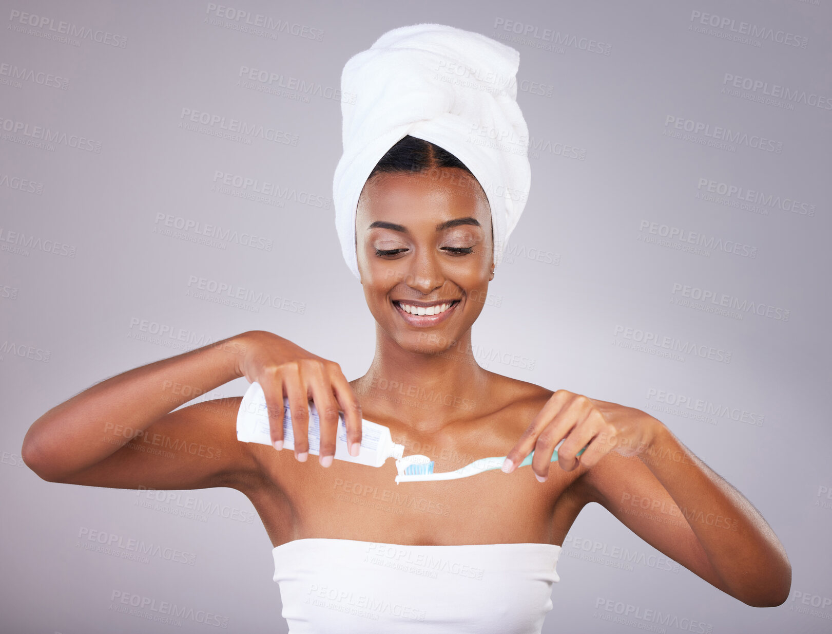 Buy stock photo Happy, woman and toothbrush in studio for dental hygiene, wellness and oral care with toothpaste. Female person, smile and mouth by white background for fluoride, cavities and germ protection