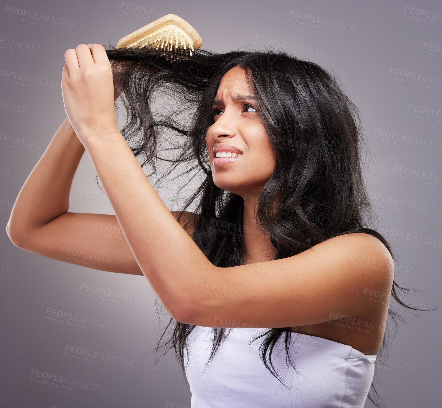 Buy stock photo Brush, frustrated and woman with hair knot for grooming mistake, problem and scalp pain in studio. Stress, model girl and beauty tool with tangled hairstyle and fear for alopecia by grey background